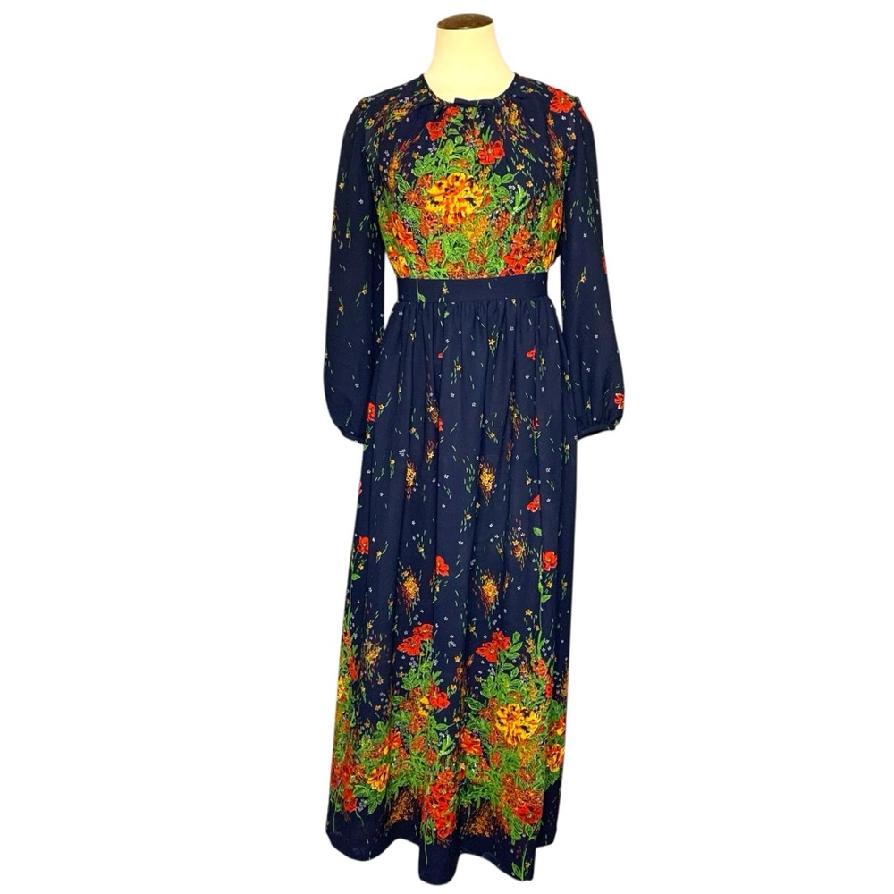 Vintage 70s Floral Maxi Dress Blue Colorful Sz 8 Sheer Long Sleeve Elegant Gown - Picture 2 of 16